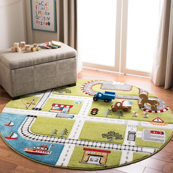 Carousel Kids 4 ft. x 4 ft. Green/Ivory Geometric Round Rug