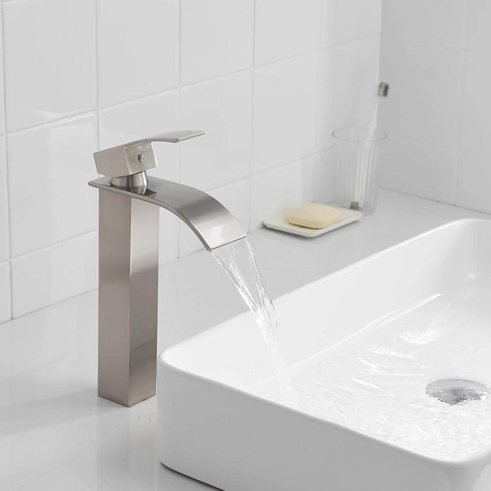 Brushed Nickel Single Handle Waterfall Vessel Sink Faucet with Drain Assembly