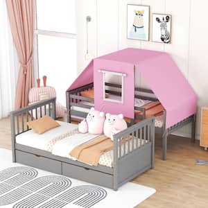 Gray Plus Pink Twin Over Twin Bunk Bed Wood Bed with Tent and Drawers, Tent