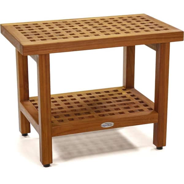 The Original 24 in x 14 in Grate Freestanding Teak Shower Bench with Shelf Walk In Shower Seat