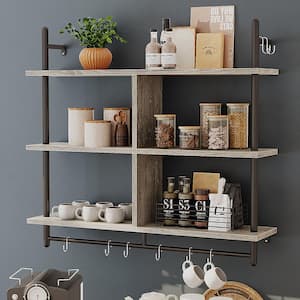 41.54 in. W x 9.37 in. D Retro Grey Oak Light 3-Tier Ladder Composite Decorative Wall Shelf with Circular Tube and Hooks