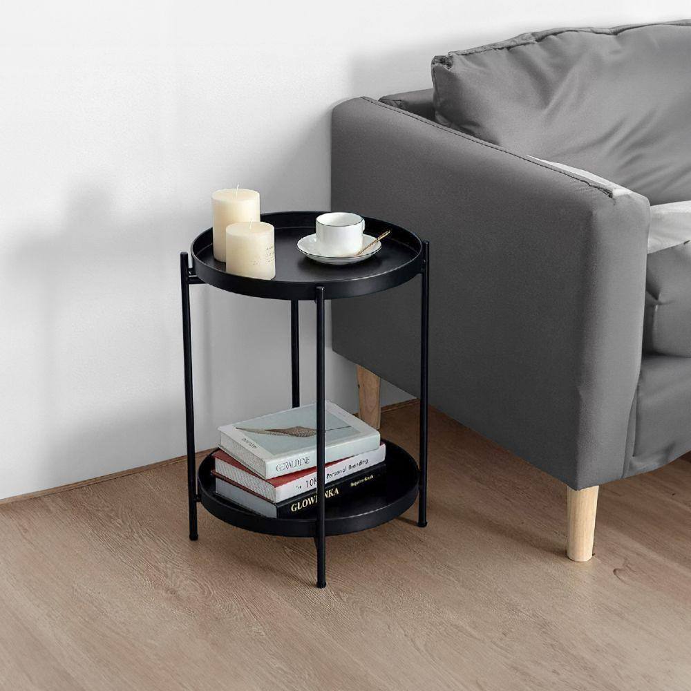 15" Black Metal Round Tray Top Side Table with Foldable Legs