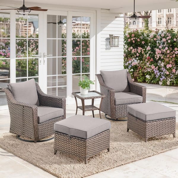 Slimline 5-Piece Brown Wicker Patio Conversation Set with Gray Olefin Cushions and Outdoor Swivel Chairs