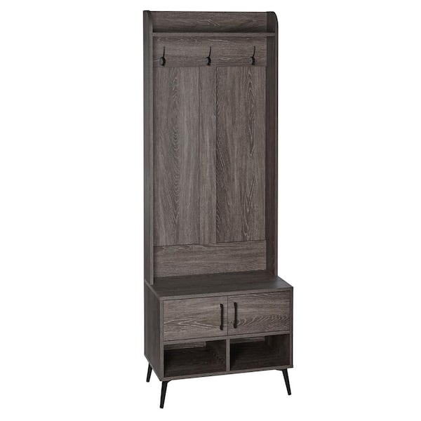 Woodbury Weathered Woodgrain Hall Tree with Entryway Bench, Shoe Storage, Coat Hooks and Cubby Storage
