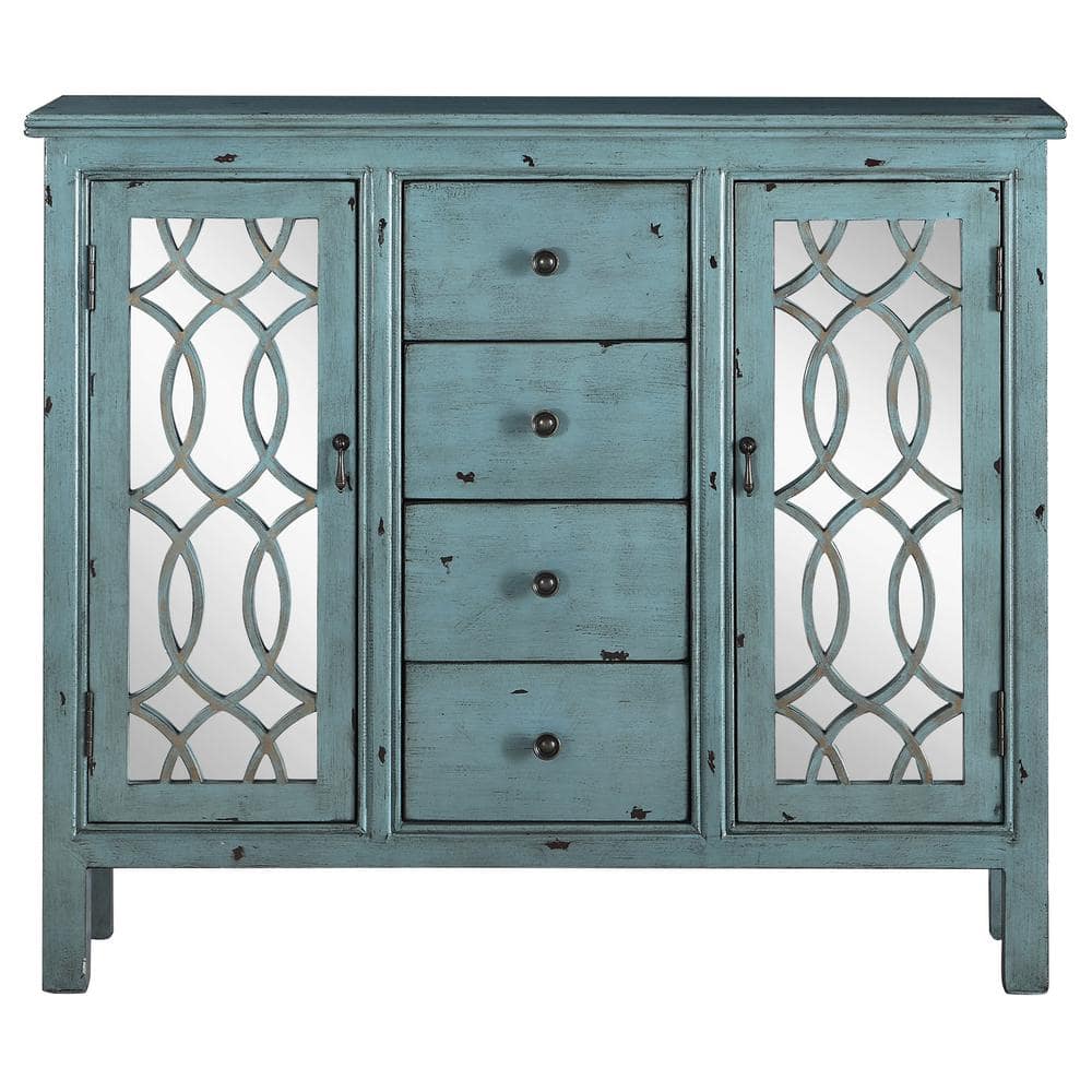 Antique Blue Wooden Accent Cabinet with Mirrored Doors