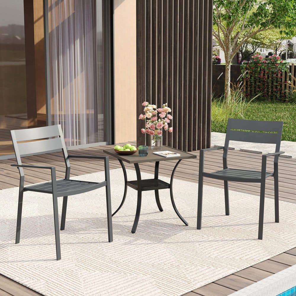 3-Piece Metal Outdoor Patio Dining Set with 27.6 in. Gray Wood-Like Square Slat Table and 2 Stackable Chairs in Black price history on PriceWatchPro