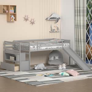 Gray Twin Low Loft Bed with Stairs and Slide