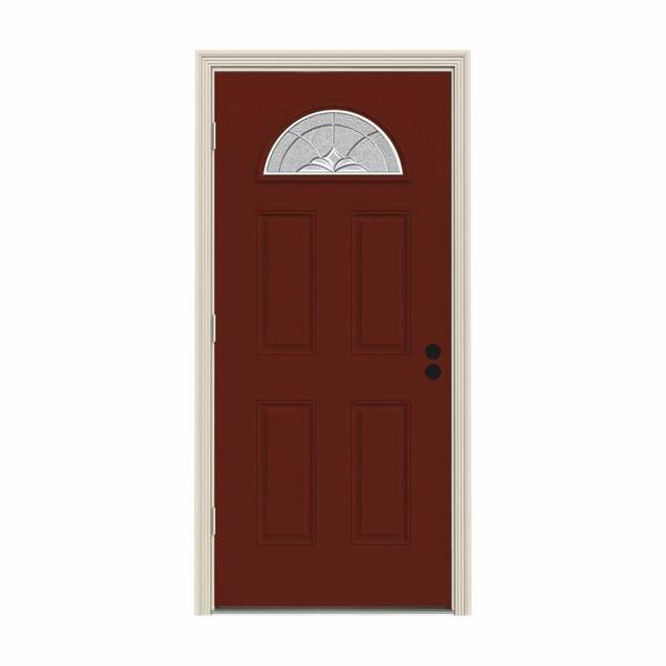 JELD-WEN 30 in. x 80 in. Fan Lite Langford Mesa Red Painted Steel Prehung Right-Hand Outswing Front Door w/Brickmould