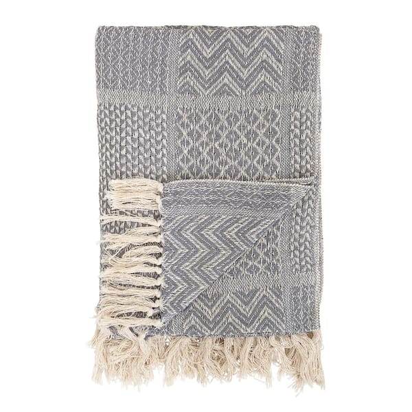 Storied Home Grey Cotton Blend Knit Throw with Fringe