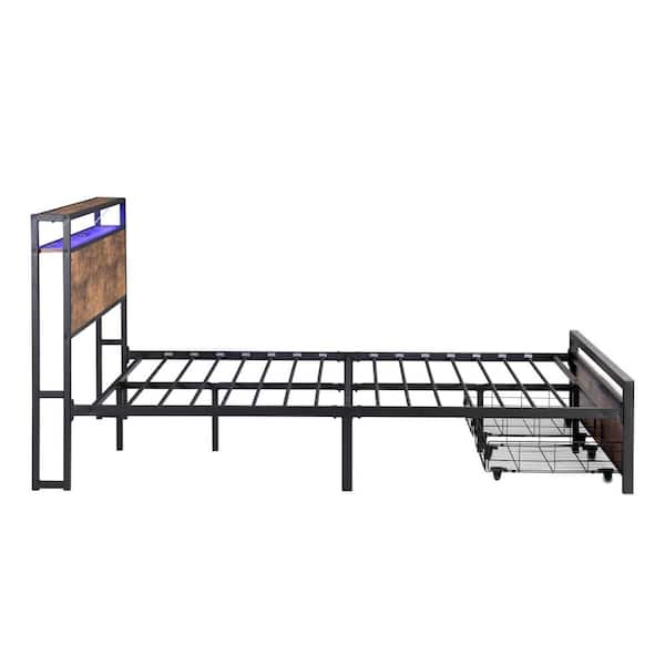 Black and Brown Metal Frame Full Size Platform Bed with Storage Headboard, Charging Station, LED Lights and 2 Drawers