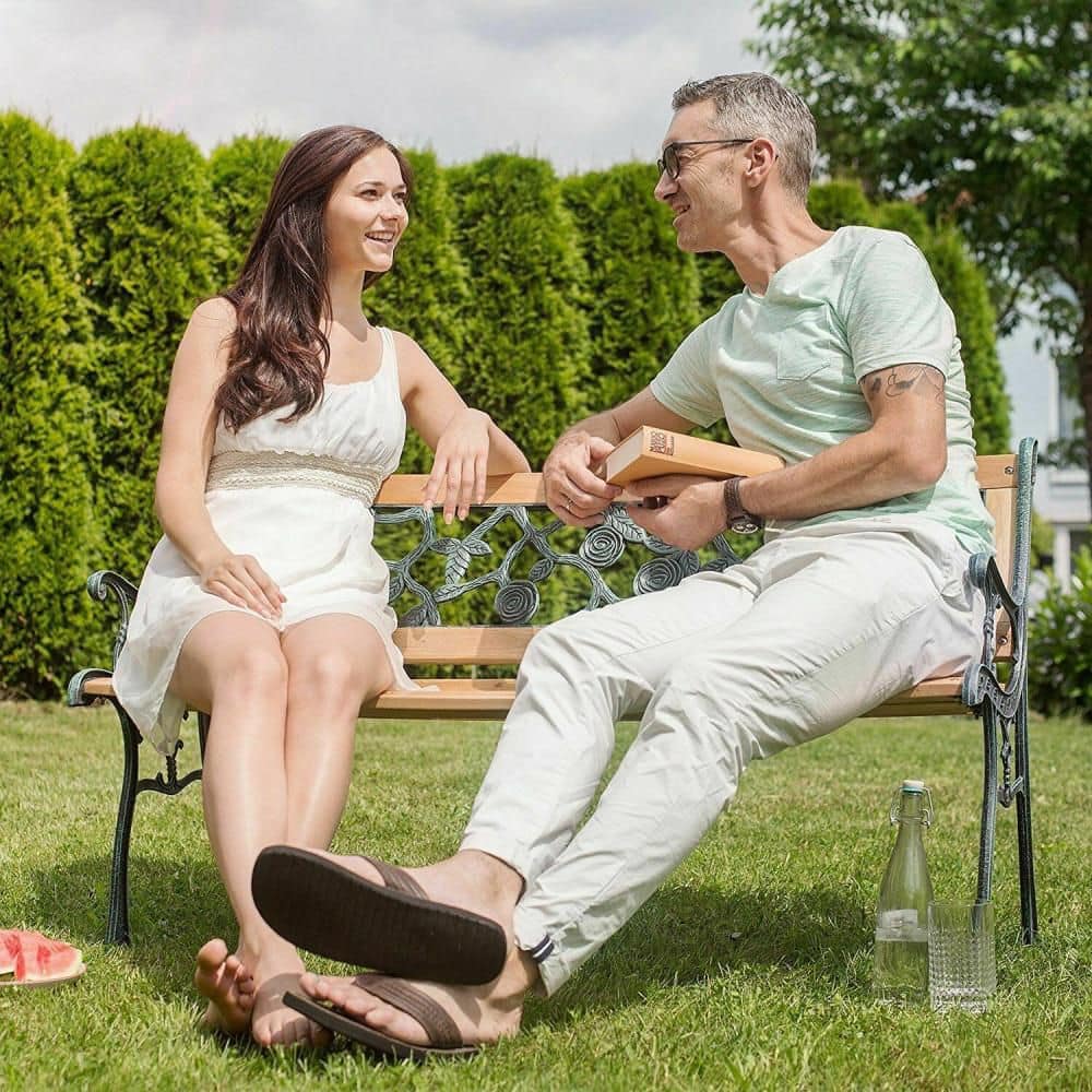 Yellow Cast Iron and Hardwood Outdoor Garden Bench with Rose Design