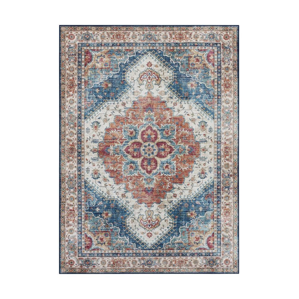 CREATIVE HOME IDEAS Imagine Chenille Posey Blue MultiColored 5 ft. x 7 ft. Medallion Polyester