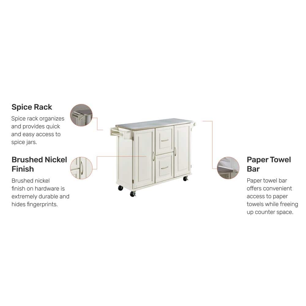Stainless Steel Top Kitchen Cart with Spice Rack and Storage, Off-White