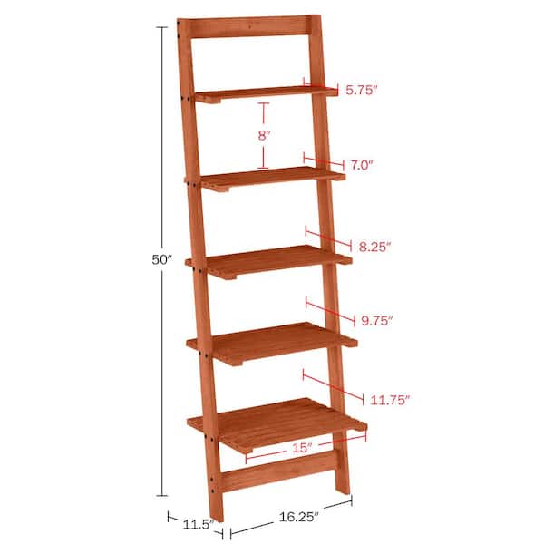 Lavish Home 5 Tier Bookshelf Leaning Ladder Shelf for Display Cherry Brown