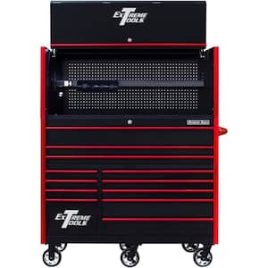 RX Series 55 in. Extreme Power Workstation Hutch 12-Drawer Roller Cabinet Combo, 150 lbs. Slides, Black Red Dr Pulls