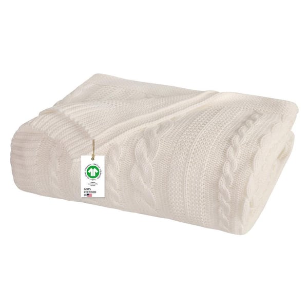 GOTS Certified Organic Cotton Throw Blanket Ivory 50 in.x70 in. for Sofa Couch Bed, Cable Knitted Throw Blanket