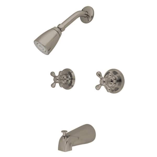 Kingston Brass Magellan 2-Handle 1-Spray Tub and Shower Faucet with Decor Cross Handle Brushed Nickel (Valve Included)