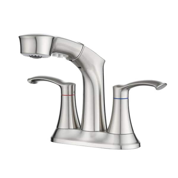 PROOX 4 in. Centerset Double Handle High Arc Bathroom Faucet with Pull Out Sprayer in Brushed NIckel