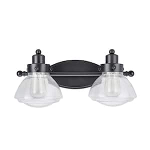 2-Light Black Vanity Light with Clear Seedy Glass Shade