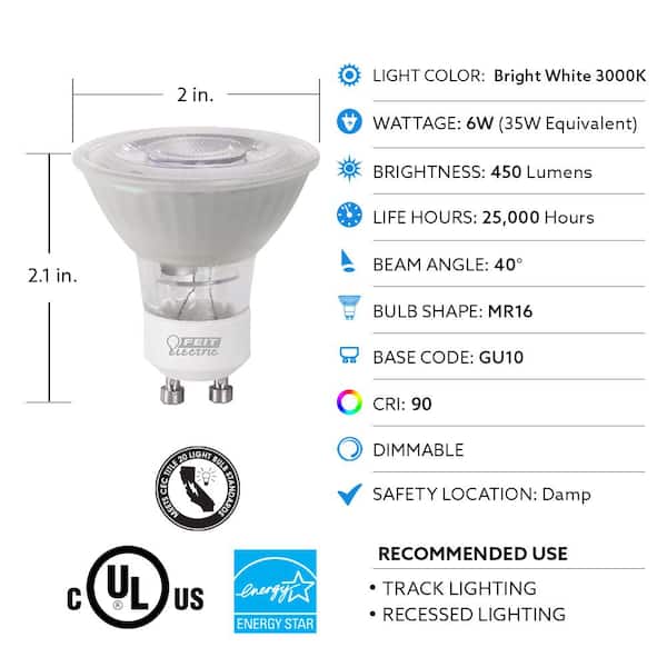 Feit Electric 50-Watt Equivalent MR16 GU10 Track Lighting 90+ CRI Frosted Flood LED Light Bulb, Bright White (6-Pack) BPMR16IFGU50930CA3/2 - The Home Depot