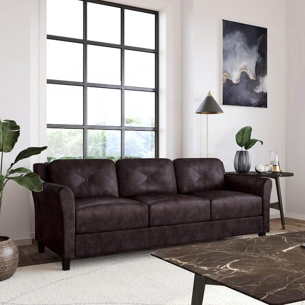Lifestyle Solutions Romeo 31.5 in. Java Faux Leather Microfiber 3-Seater English Rolled Arm Sofa with Removable Cushions