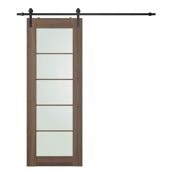 Vona 5-Lite 32 in. x 96 in. Frosted Glass Pecan Nutwood Finished Composite Wood Sliding Barn Door with Hardware Kit
