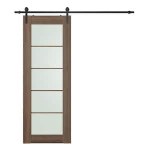 Vona 5-Lite 30 in. x 96 in. Frosted Glass Pecan Nutwood Finished Composite Wood Sliding Barn Door with Hardware Kit