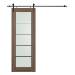 Vona 5-Lite 28 in. x 80 in. Frosted Glass Pecan Nutwood Finished Composite Wood Sliding Barn Door with Hardware Kit