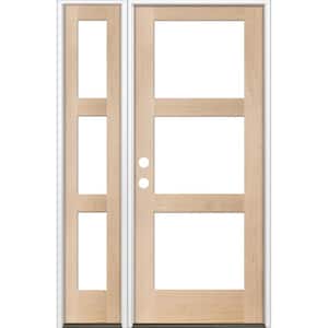 46 in. x 80 in. Modern Hemlock Right-Hand/Inswing 3-Lite Clear Glass Unfinished Wood Prehung Front Door w/Left Sidelite