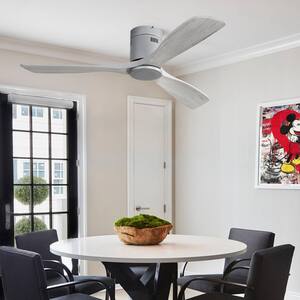 52 in. Indoor/Outdoor Recessed Ceiling Fan 3 Carved Wood Blades Smart Silver Ceiling Fan with 6 Speed Remote