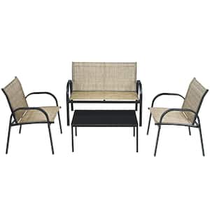 4-Pieces Polyester Patio Furniture Set with Metal Frame and Glass Top Coffee Table in Brown