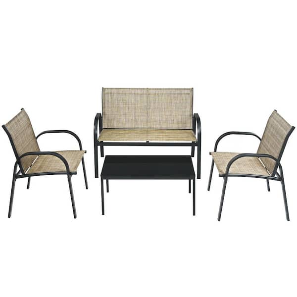 FORCLOVER 4-Pieces Polyester Patio Furniture Set with Metal Frame and Glass Top Coffee Table in Brown
