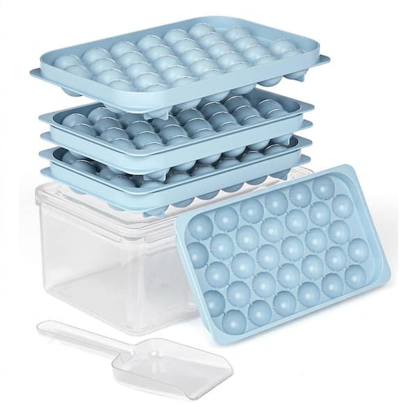 Blue Mini Sphere Ice Mold Ice Cube Tray 2-Pack Kitchen Set with Lid and Bin for Cocktails and Coffee