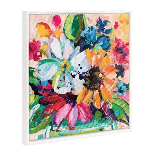 Kate and Laurel Colorful Flower Brushstrokes Wall Art 1-Piece White Framed Canvas Art Print, 22 in. x 22 in.