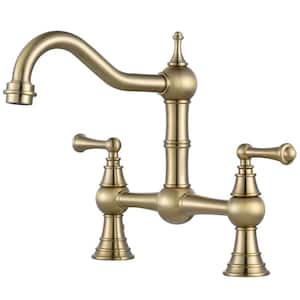 Double Handle Bridge Kitchen Faucet with 360° Swivel in Brushed Gold