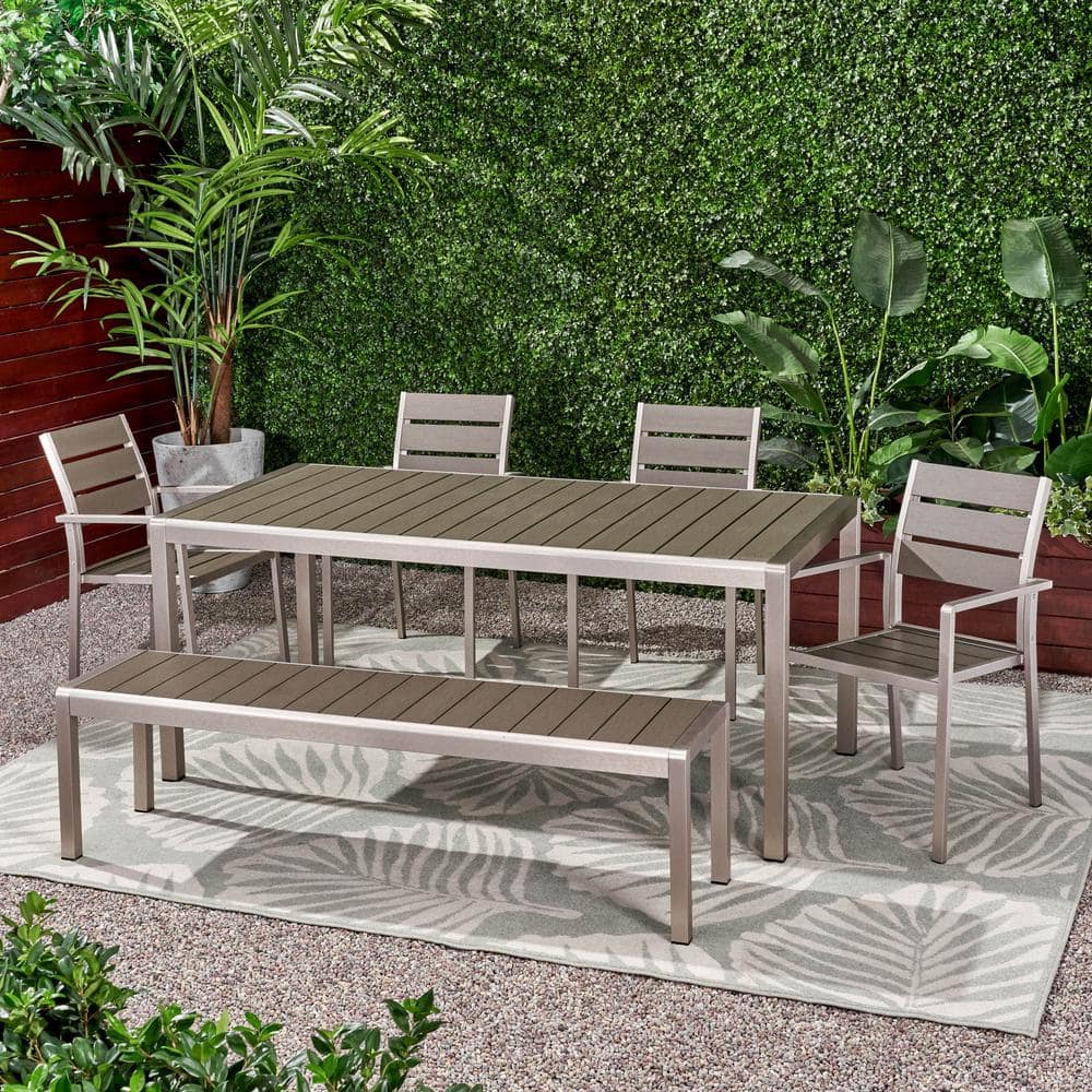 Noble House Cape Coral Silver 6Piece Metal Rectangular Outdoor Dining Set 69995 The Home Depot