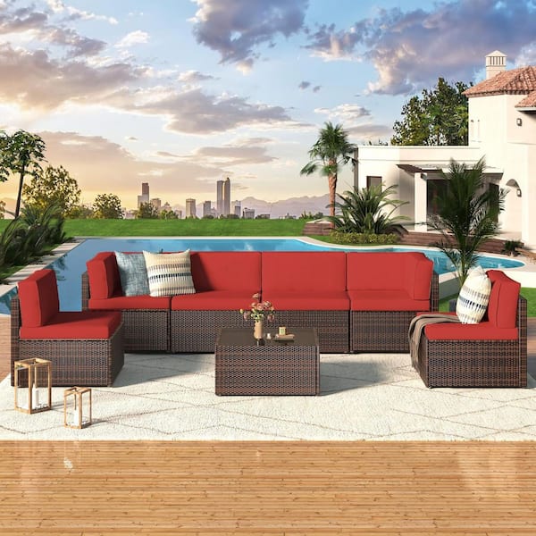 AECOJOY Brown 7-Piece Patio Rattan Wicker Sofa Set Outdoor Sectional Conversation Furniture Chair Set with Red Cushion
