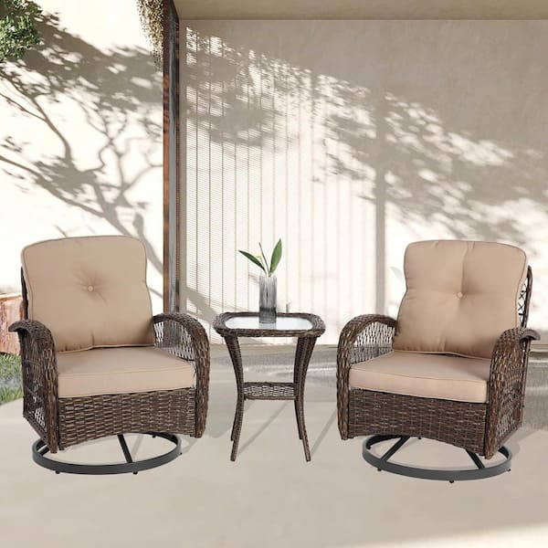 HOMEFUN 3-Piece Brown Wicker Outdoor Bistro Set Side Table and Swivel 360° Rotating Rocking Chairs with Khaki Thick Cushion