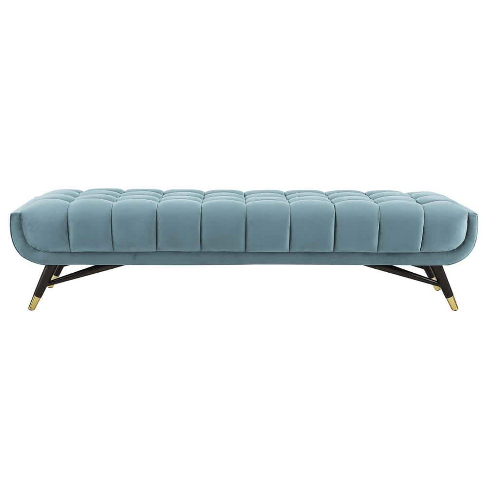 Sea Blue Tufted Velvet Bench with Gold Accents