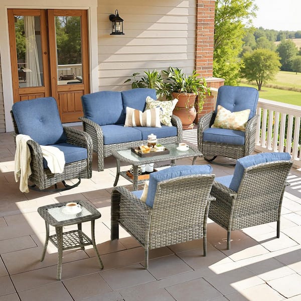 Hot Sale Serava Gray 7-Piece Wicker Outdoor Sectional Sofa Set with Swivel Chairs and Denim Blue Cushions for Deck Patio