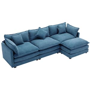 111.4 in. L Shaped Chenille Upholstered Modern Sectional Sofa in Blue with Ottoman and 5 Pillows
