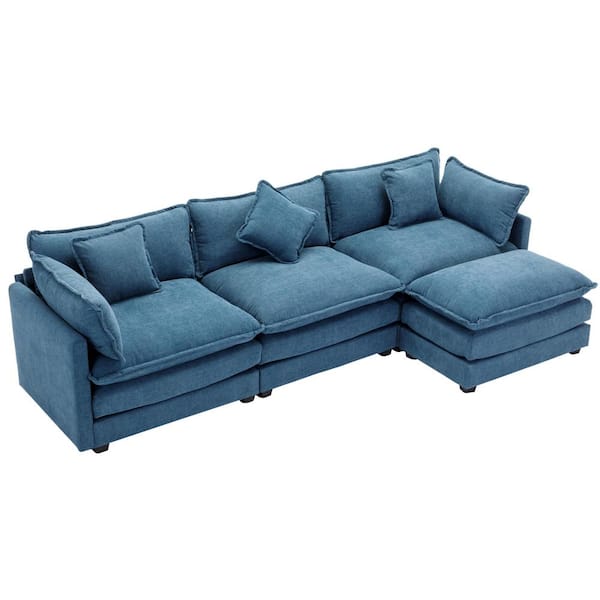 Nestfair 111.4 in. L Shaped Chenille Upholstered Modern Sectional Sofa in Blue with Ottoman and 5 Pillows