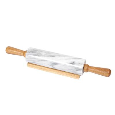 Deluxe 18 in. Natural White Marble Rolling Pin with Wood Handles and Cradle