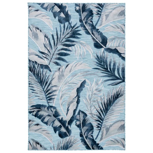 Cabana Aqua/Navy 9 ft. x 12 ft. High-Low Leaf Indoor/Outdoor Area Rug