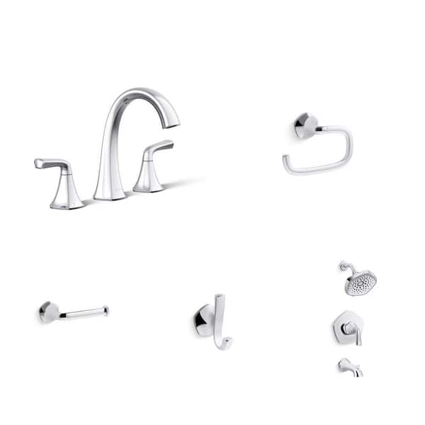 Sundae Chrome Bathroom Faucet, Towel Ring, Toilet Paper Holder, Robe Hook and Shower Faucet Combo