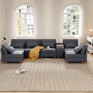 123 in. W Square Arm Linen U Shaped Sofa in Dark Grey with Storage Seats and Console