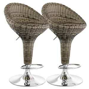32 in. Brown Low Back Wicker Adjustable Bar Stool with Chrome Base (Set of 2)