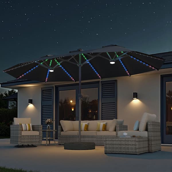 Alpine B 15 ft. Solar Colour LED Light Outdoor Double-Sided Market Patio Umbrella, UV Protection with Base in Dark Gray