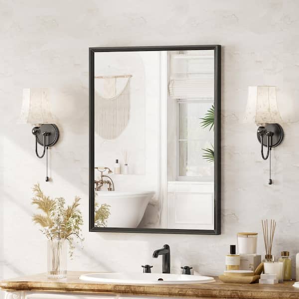24 in. W x 32 in. H Modern Beveled Aluminum Frame Rectangular Wall Mirror, Brushed Black