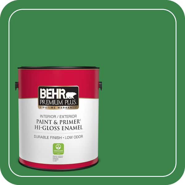 BEHR PREMIUM PLUS 1 gal. #450B-7 Green Grass Hi-Gloss Enamel Interior/Exterior Paint & Primer